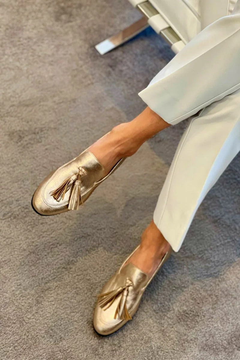 Luxury Gold Women's Loafers with Tassels and Flat Sole