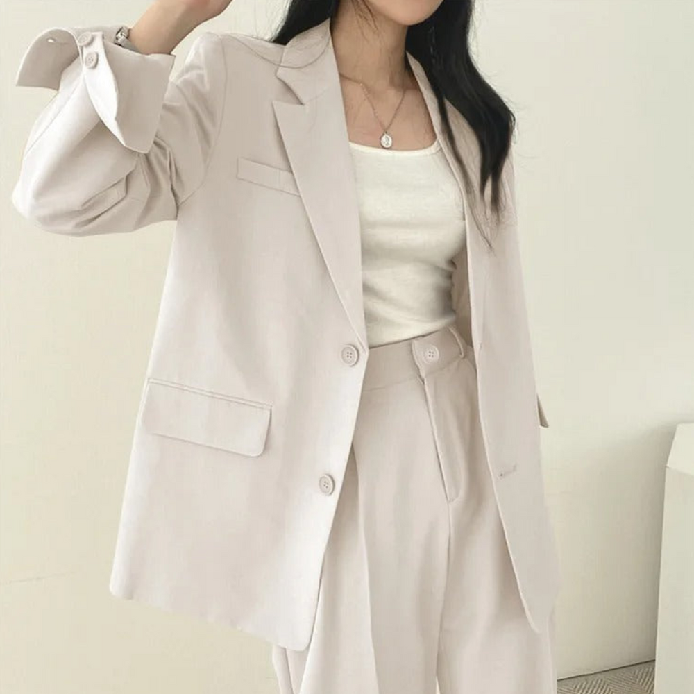 Gestructureerde en chique dames set met comfortabele blazer en broek