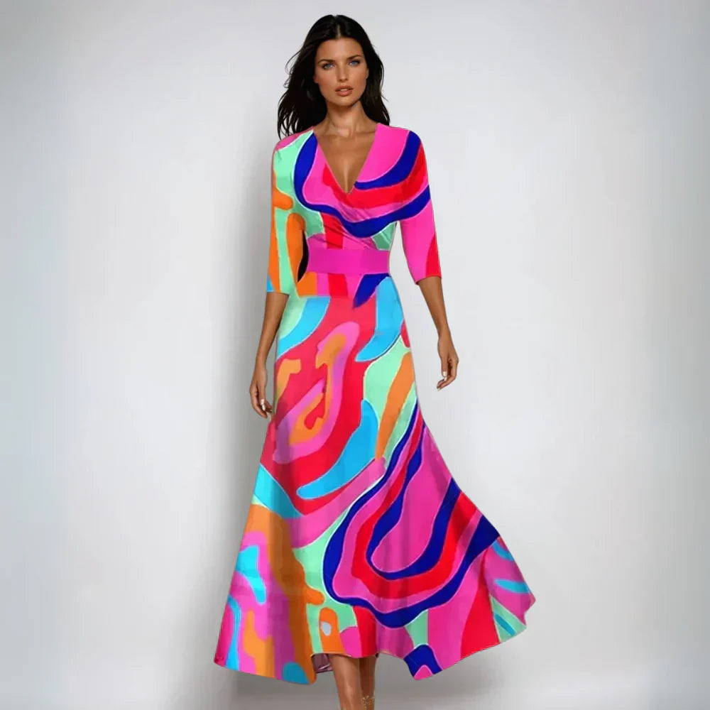 Elegant Party Maxi Dress for Women with Floral Print and V Neck