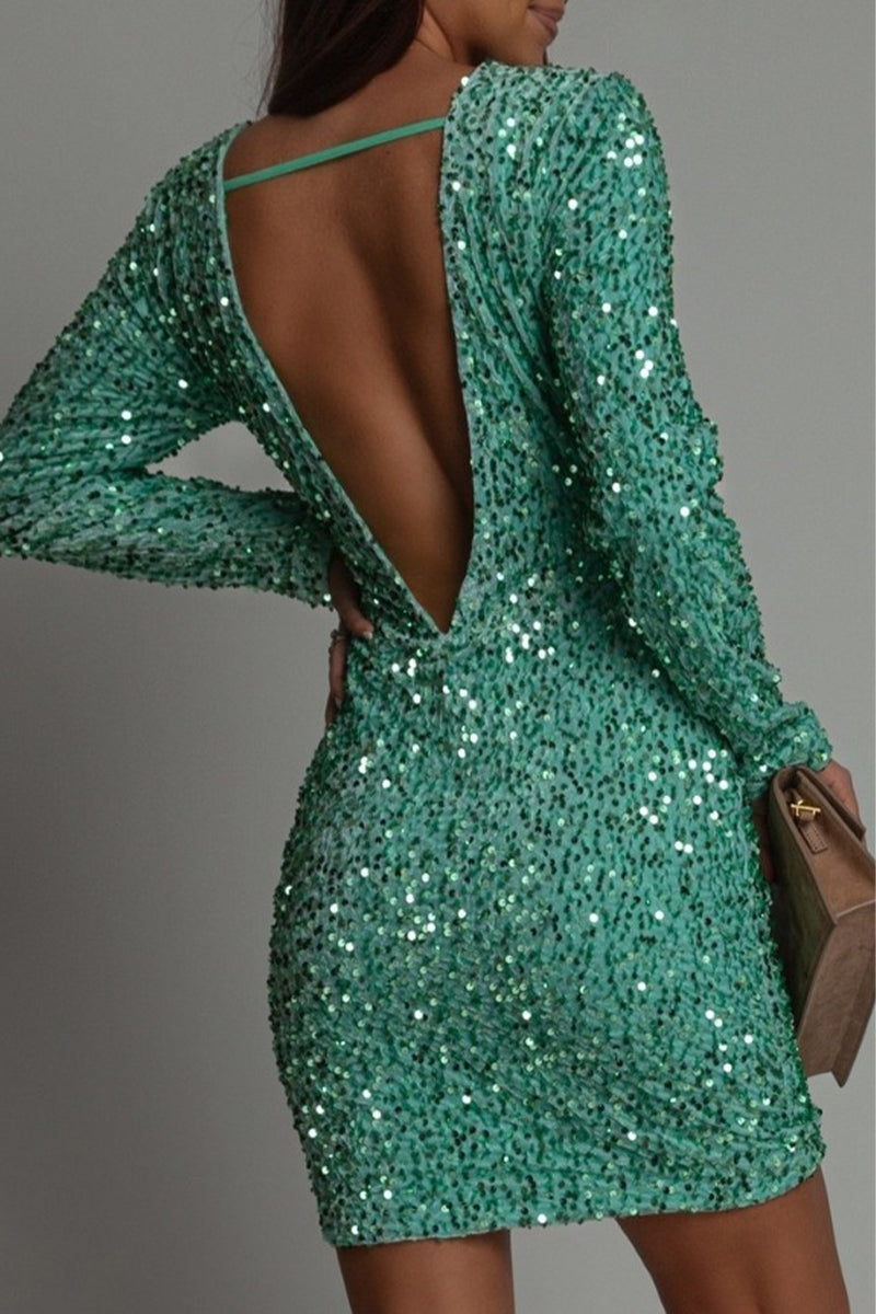 Robe Mini Bodycon Pailletée avec Manches Longues et Dos Nu