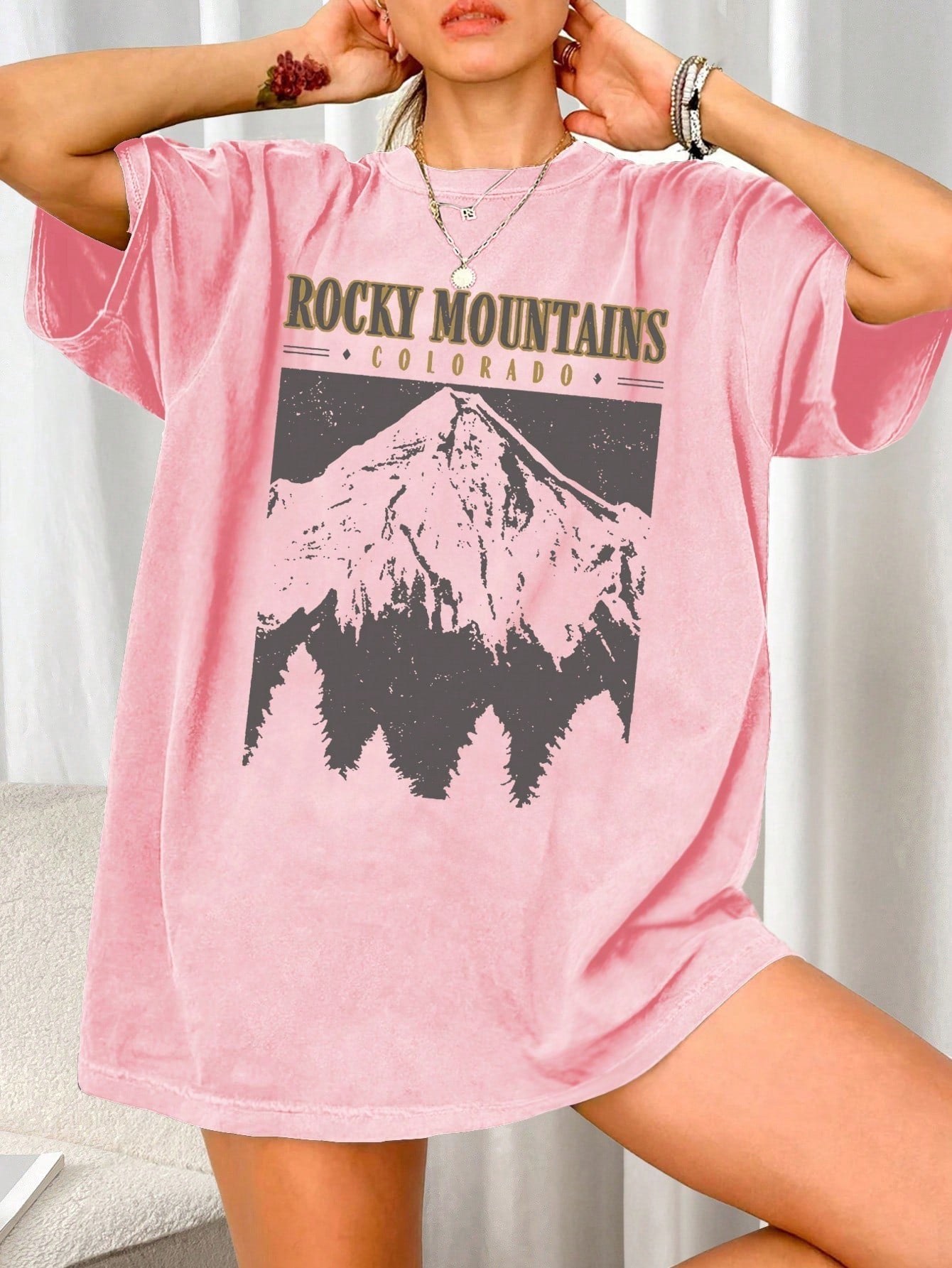 Oversized Dames T-Shirt Met Vintage Rocky Mountains Print