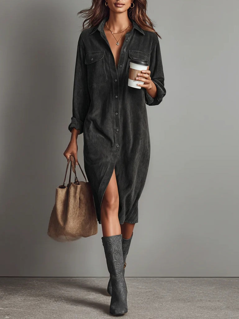 Robe chemise en velours côtelé pour femmes élégante avec fermeture à boutons et poches