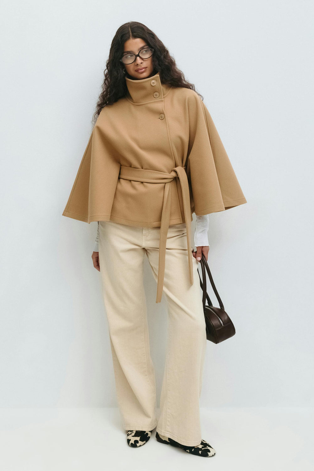 Elegante Chique Dames Mantel Jas met Ceintuur en Hoge Kraag