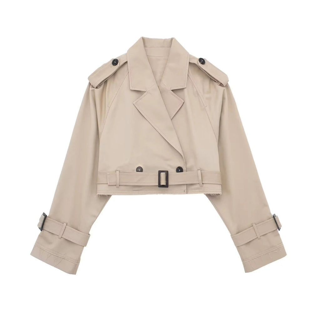 Stylish Women's Short Trench Coat with Belt and Classic Collar