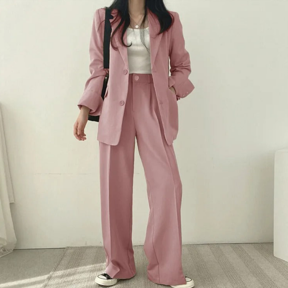 Gestructureerde en chique dames set met comfortabele blazer en broek
