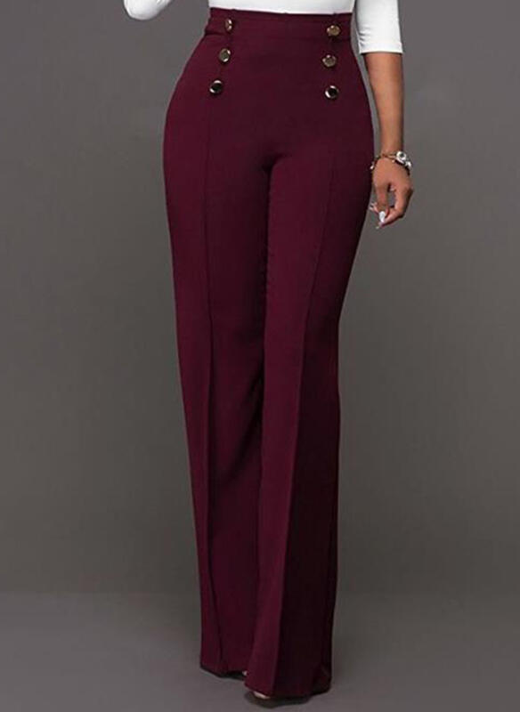 Wijnrode Dames Broek met Hoge Taille en Knopen