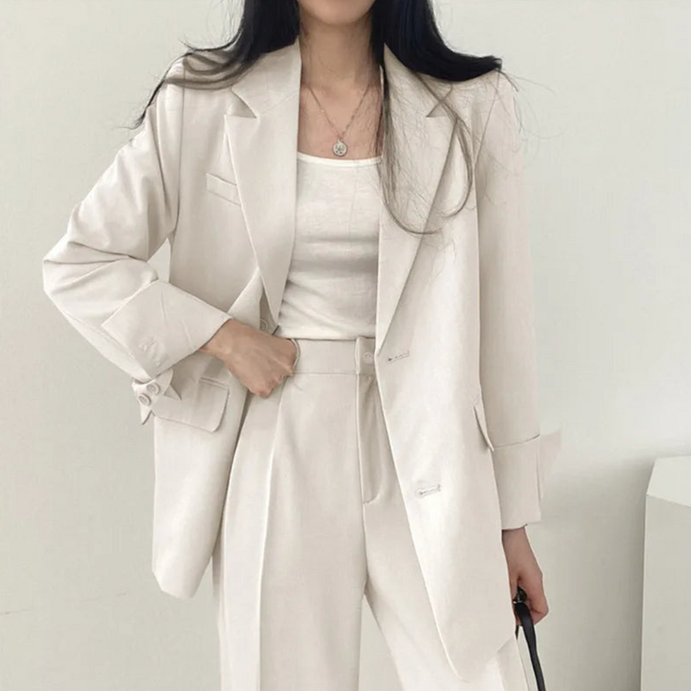 Gestructureerde en chique dames set met comfortabele blazer en broek