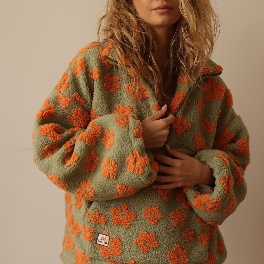 Women's Oversized Fleece Sweater with Floral Print and Zipper