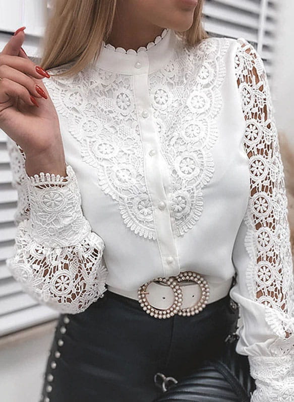 Witte Elegante Dames Blouse met Kant en Lange Mouwen