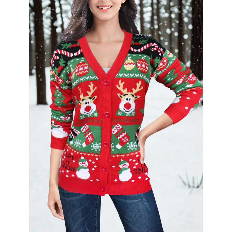 Gebreide Dames Cardigan met Feestelijke Kerstprint en V Hals