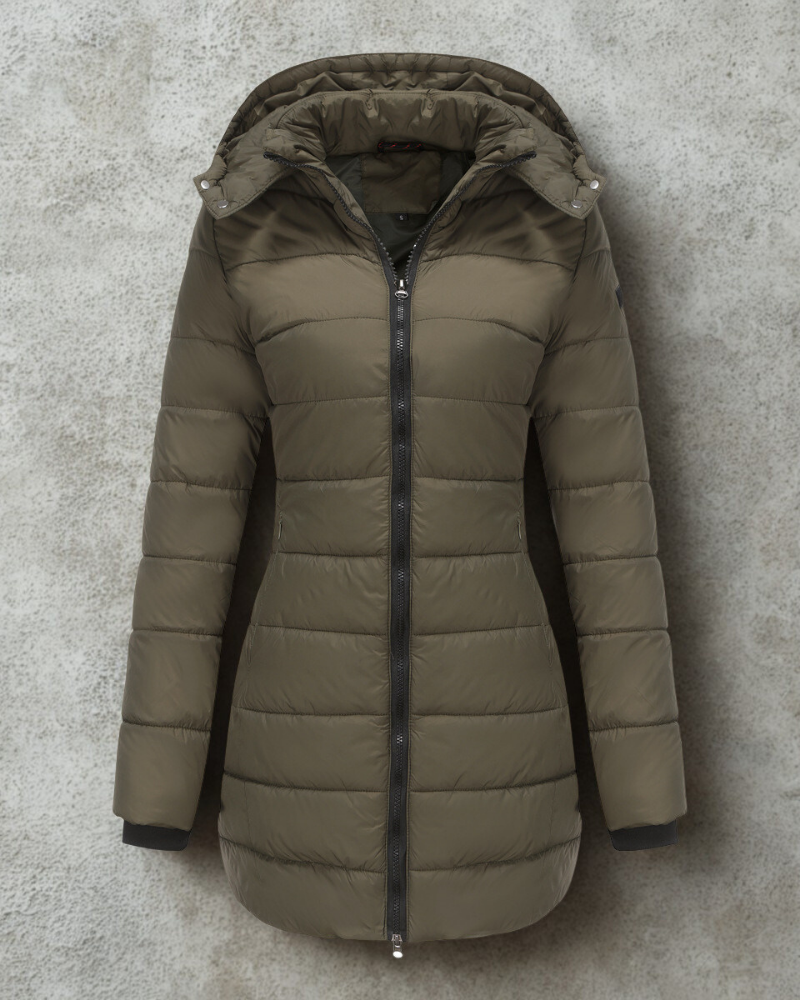 Lange Warme Dames Puffer Jas met Rits en Hoge Kraag