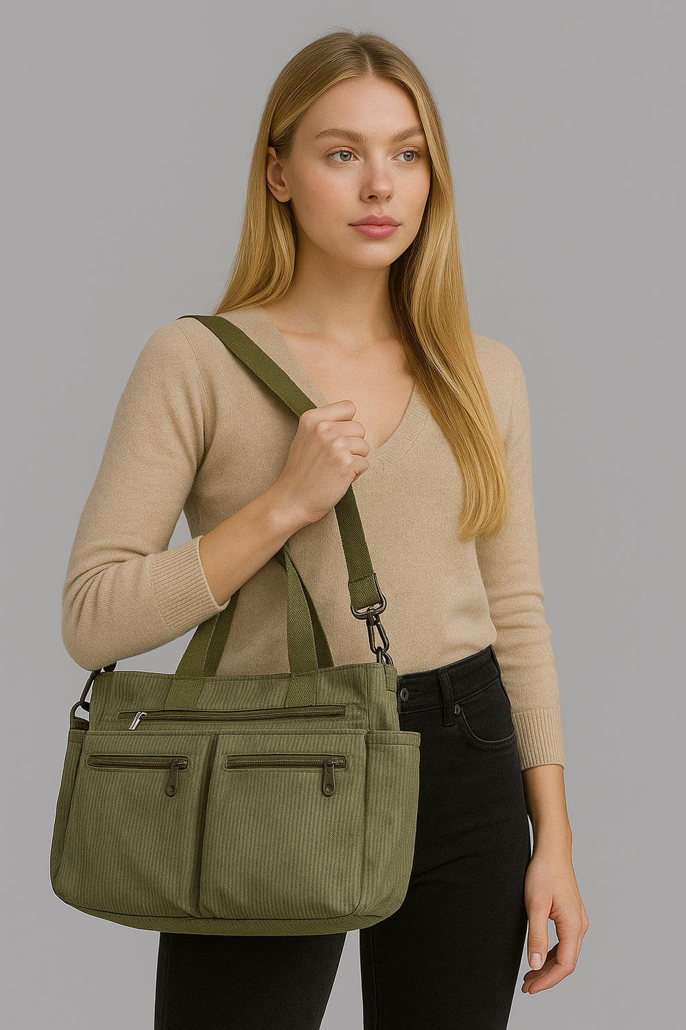 Sac à bandoulière tendance en velours côtelé pour femmes avec plusieurs poches
