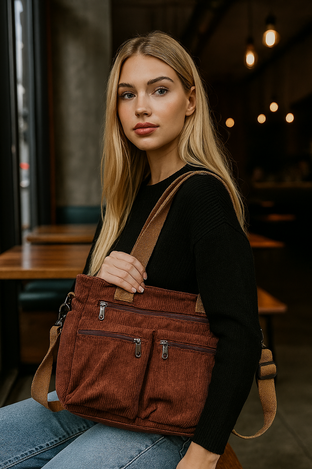 Sac à bandoulière tendance en velours côtelé pour femmes avec plusieurs poches