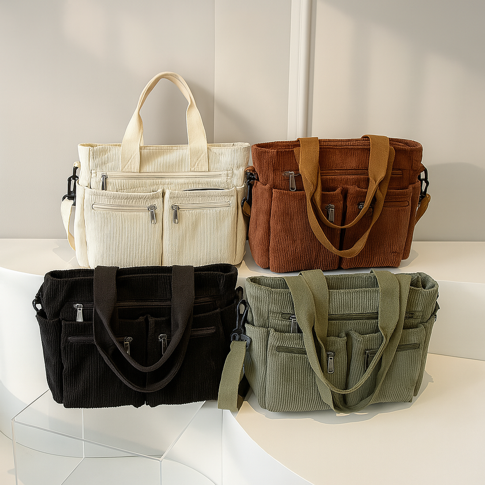 Sac à bandoulière tendance en velours côtelé pour femmes avec plusieurs poches