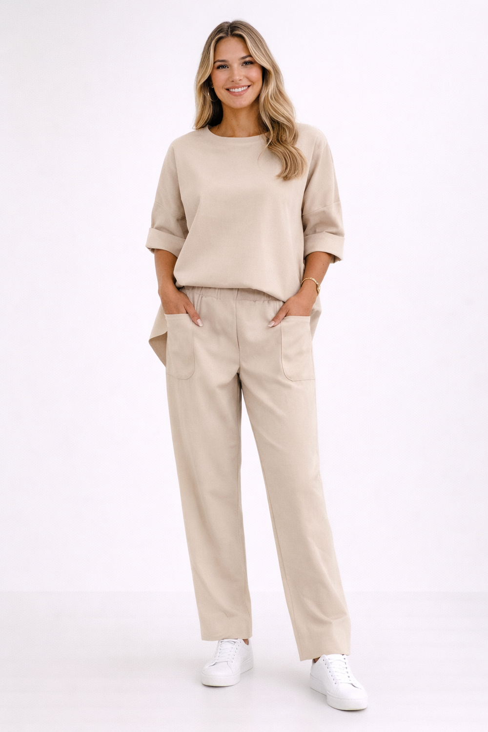 Casual Women's Loungewear Set with Loose Top and Wide Pants