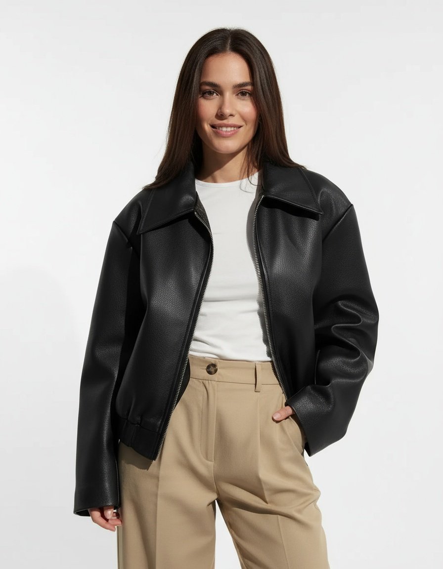 Stylish Oversized Women's Leather Bomber Jacket with Zipper and Classic Collar