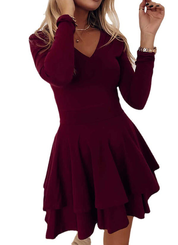 Robe Mini Élégante Coupe A avec Manches Longues et Col en V