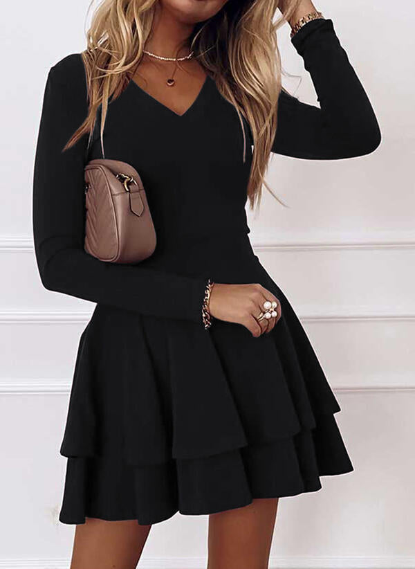 Robe Mini Élégante Coupe A avec Manches Longues et Col en V