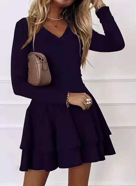 Robe Mini Élégante Coupe A avec Manches Longues et Col en V