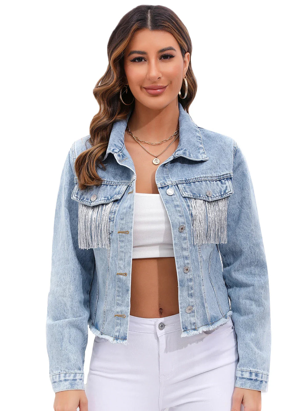 Veste courte en denim pour femmes élégante avec franges et fermeture à boutons