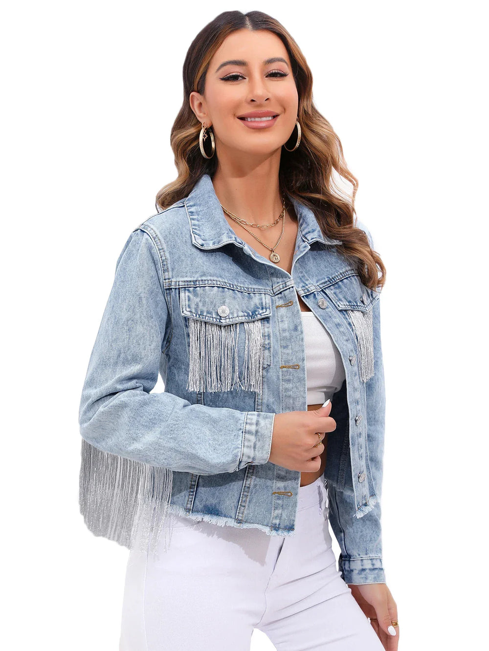 Veste courte en denim pour femmes élégante avec franges et fermeture à boutons