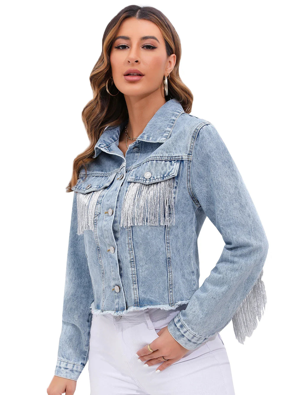 Veste courte en denim pour femmes élégante avec franges et fermeture à boutons