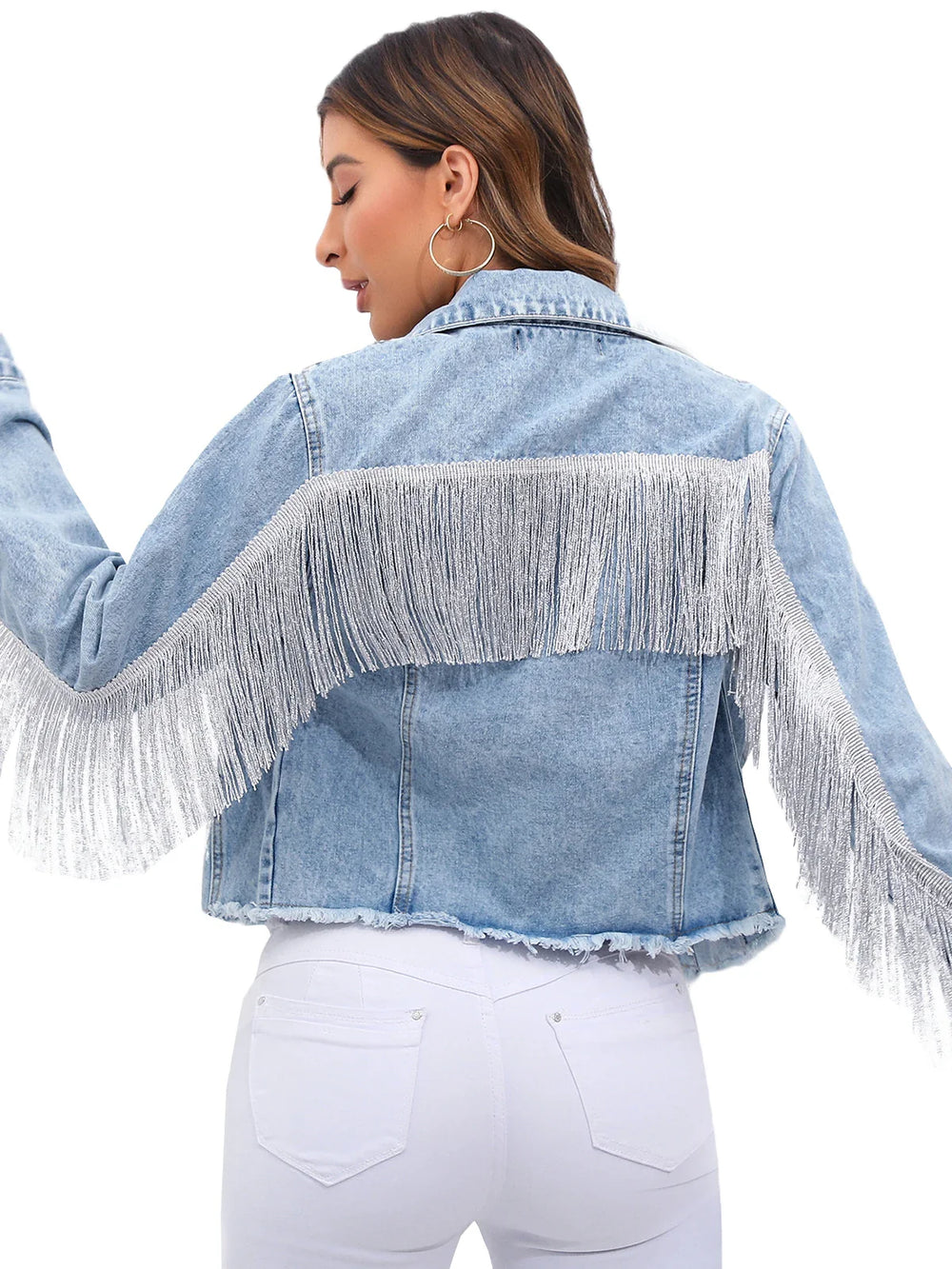 Veste courte en denim pour femmes élégante avec franges et fermeture à boutons