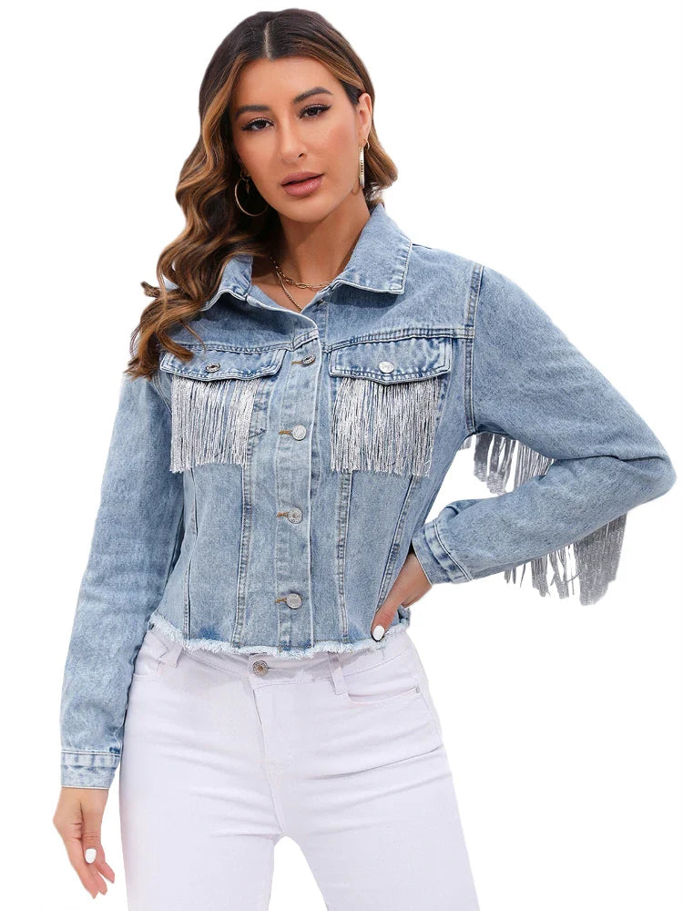 Veste courte en denim pour femmes élégante avec franges et fermeture à boutons