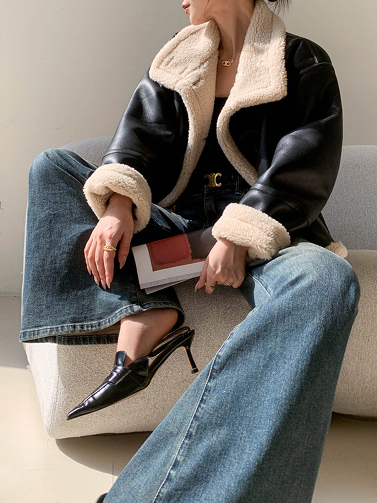 Trendy Dames Leren Jas met Fleece Voering en Knopen