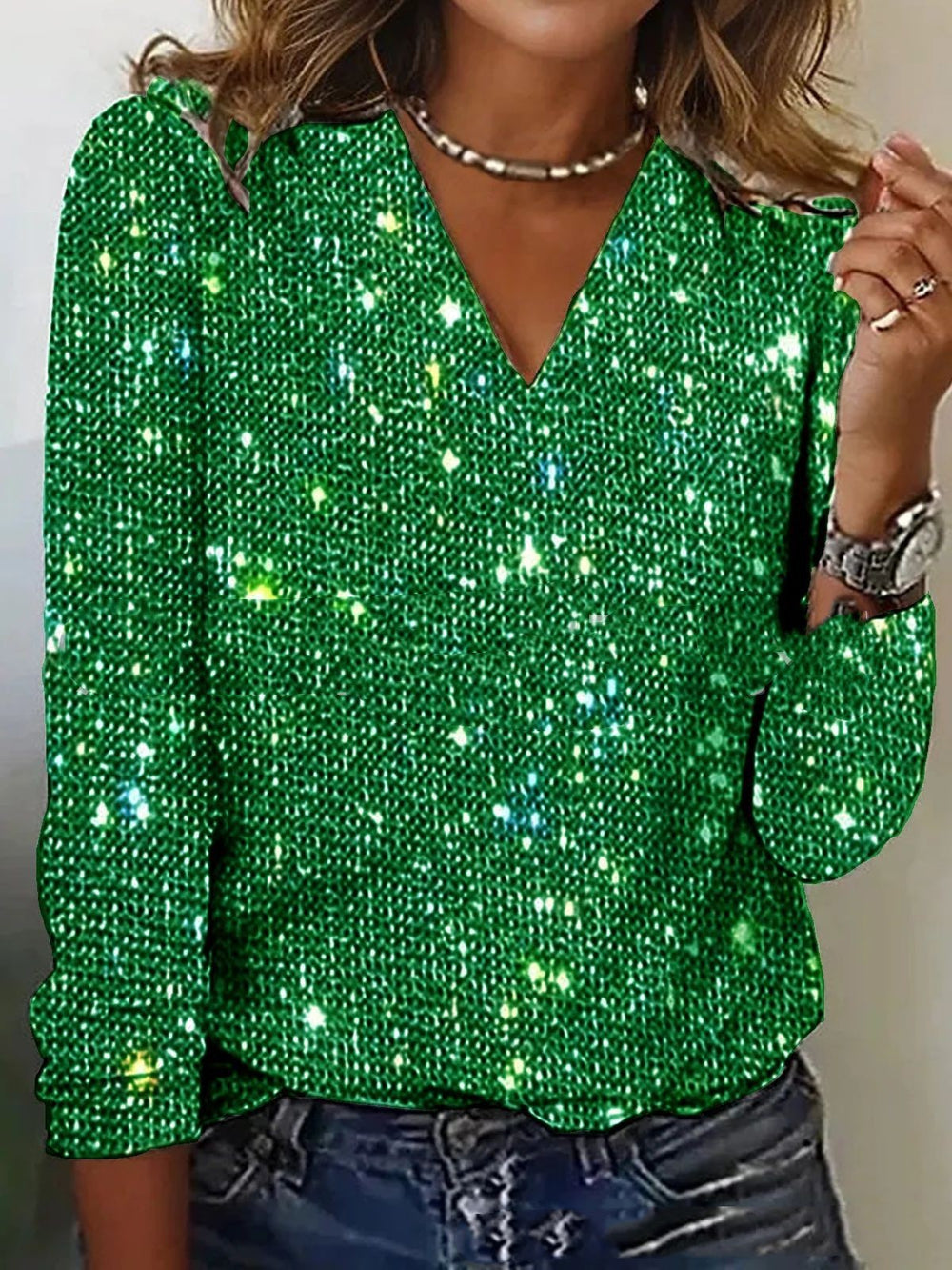 Sprankelende Glitter Blouse met V Hals en Lange Mouwen