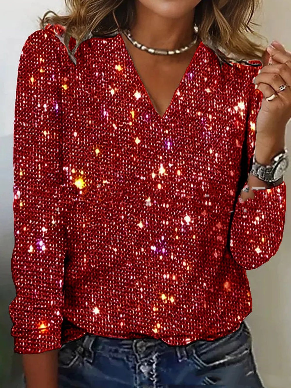 Sprankelende Glitter Blouse met V Hals en Lange Mouwen