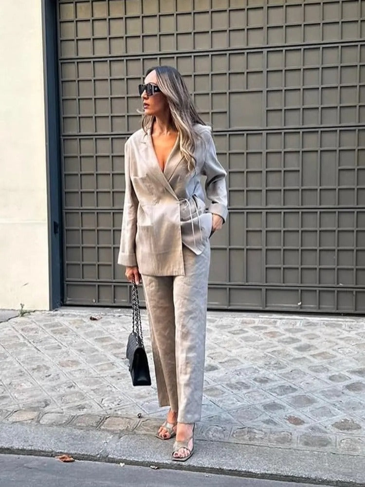 Oversized Elegante Dames Blazer-Broek Set met Ceintuur