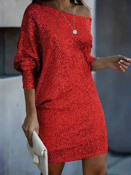 Robe De Fête Luxe Femme Avec Paillettes, Manches Longues Et Épaules Dénudées