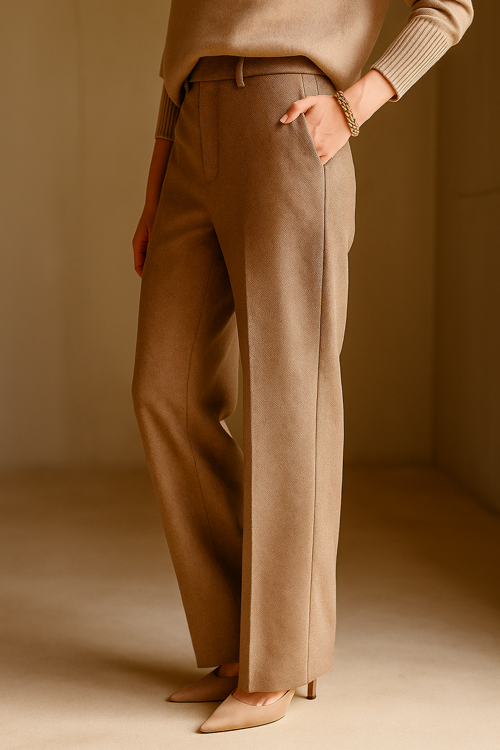 Elegant Wool-Blend Women's Pants with Straight Legs and High Waist