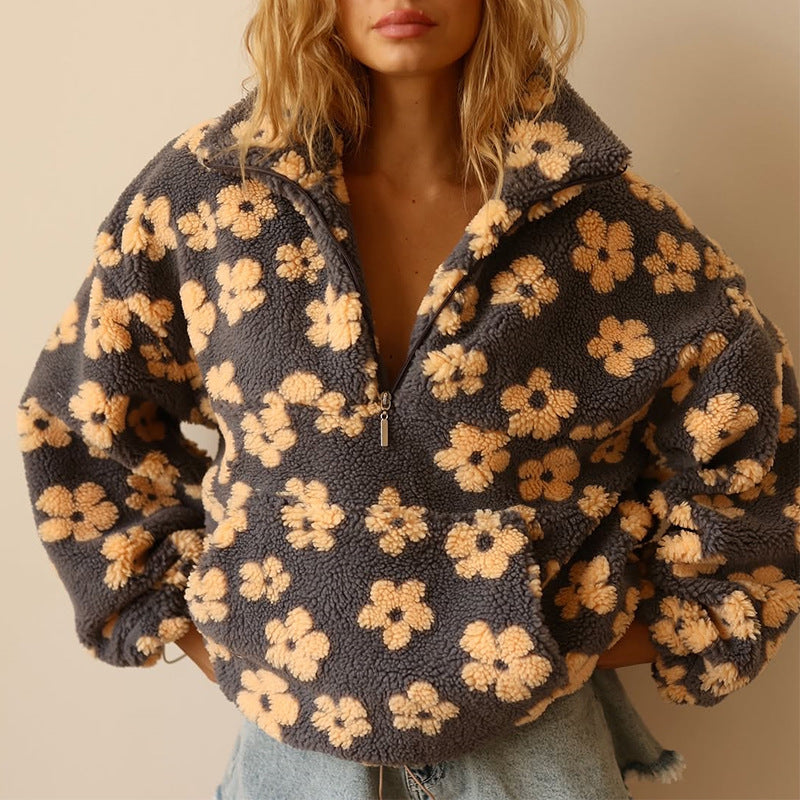 Women's Oversized Fleece Sweater with Floral Print and Zipper