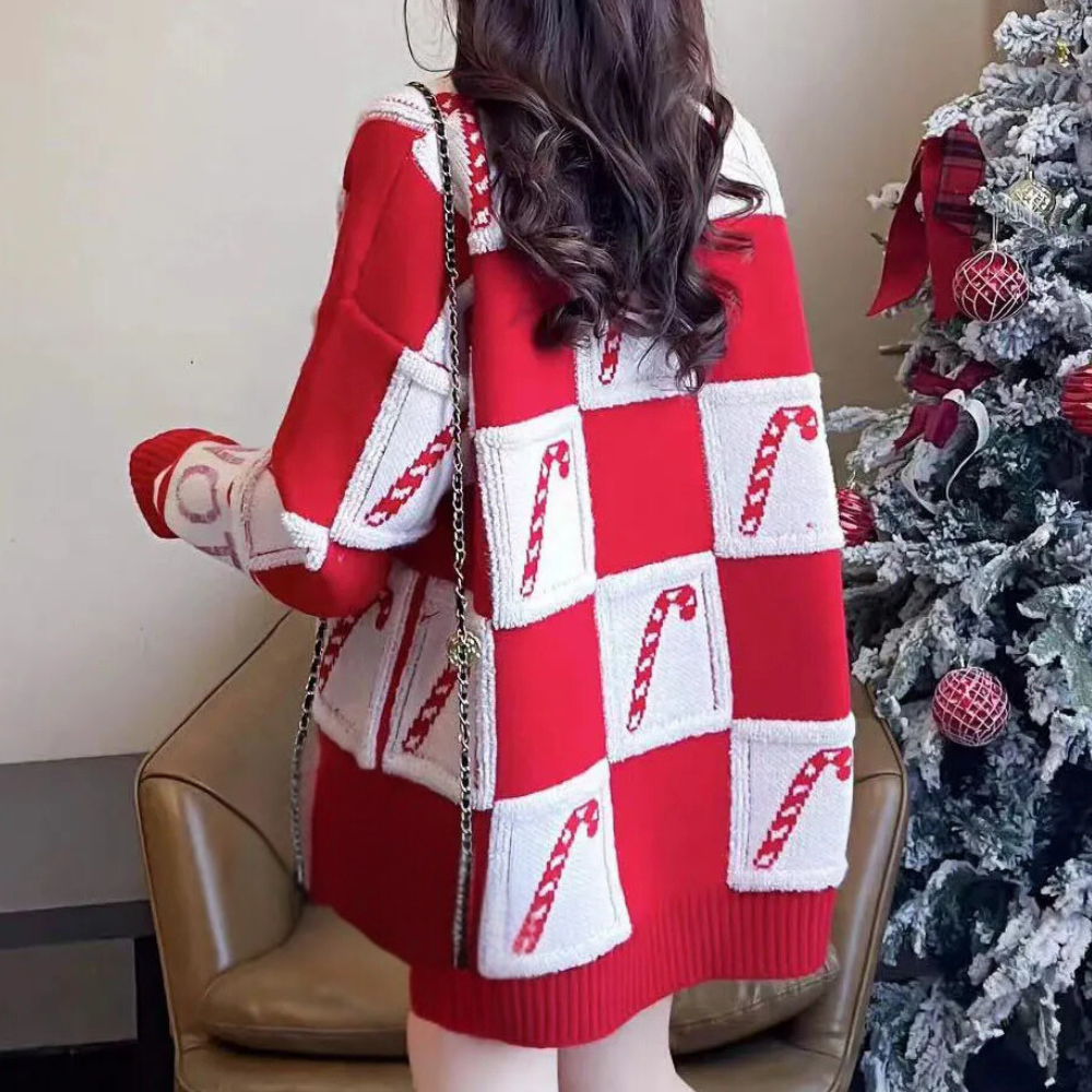 Rode Warme Oversized Gebreide Dames Kersttrui met Snoepstok en Wortelprint