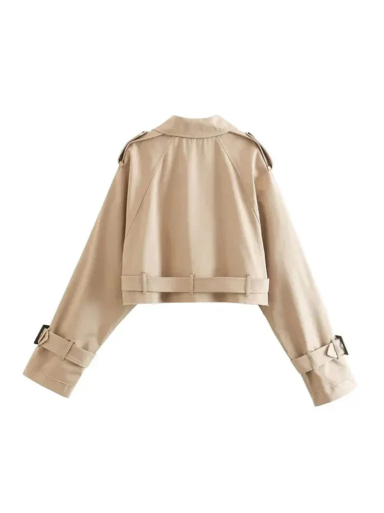 Cropped Trenchcoat voor Dames Beige met Riem en Knoopsluiting