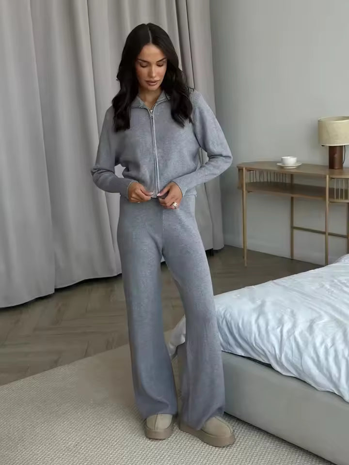 Dames 2 Delige Loungewear Set met Ritsvest en Wijde Broek