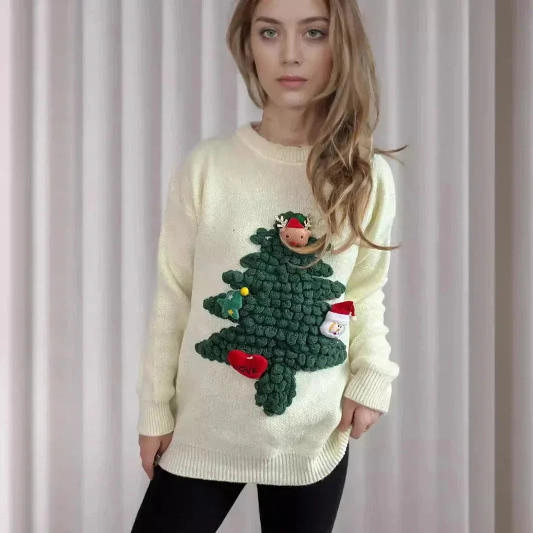 Oversized Zacht Gebreide Winterse Dames Kersttrui met 3D Kerstboom