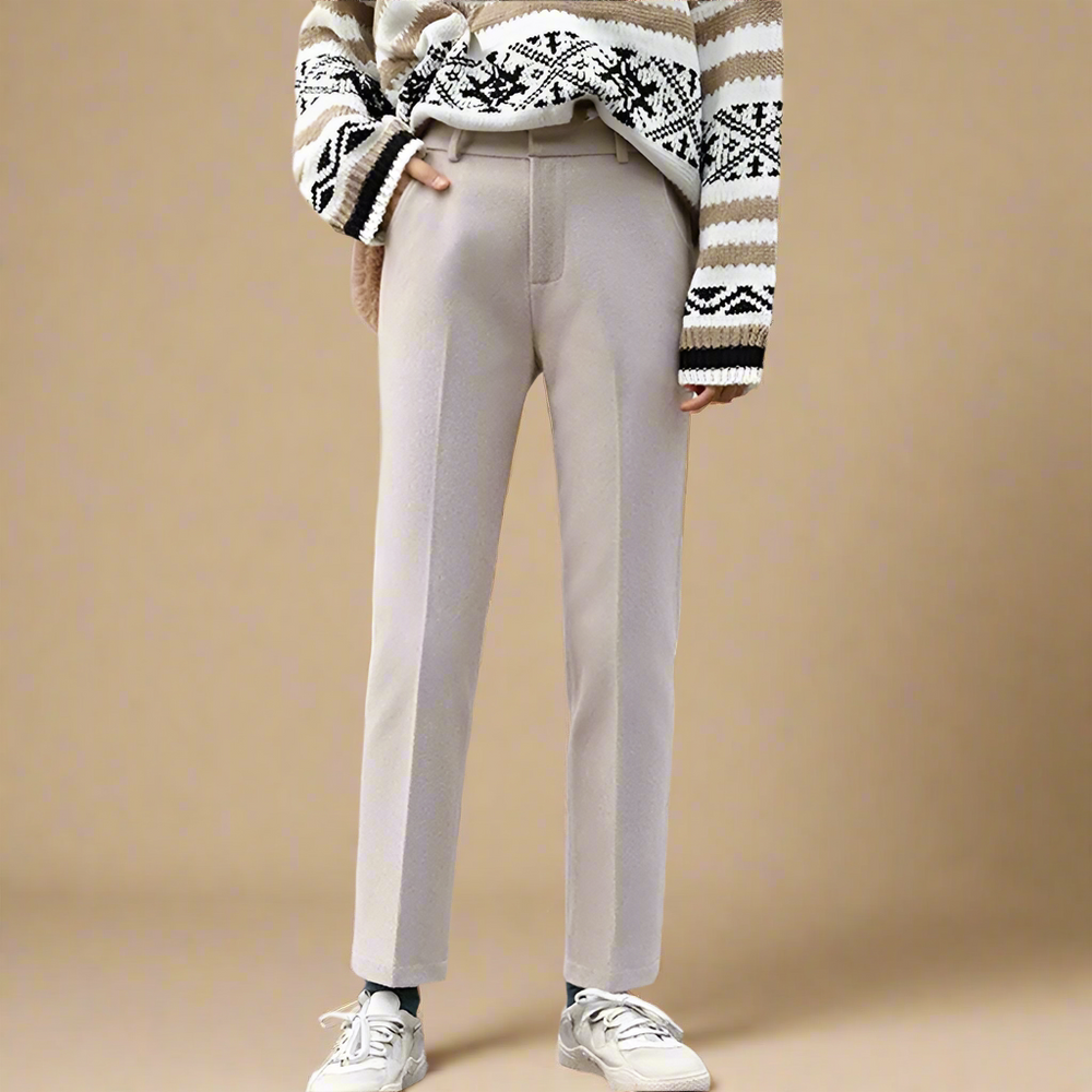 Elegant Wool-Blend Women's Pants with Straight Legs and High Waist