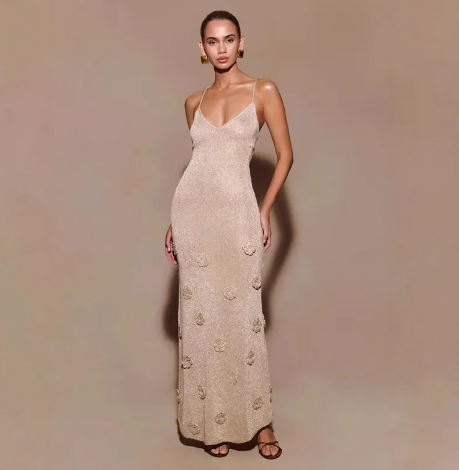 Gwin | Glitter Maxi Jurk met Bloemendetails Galajurk