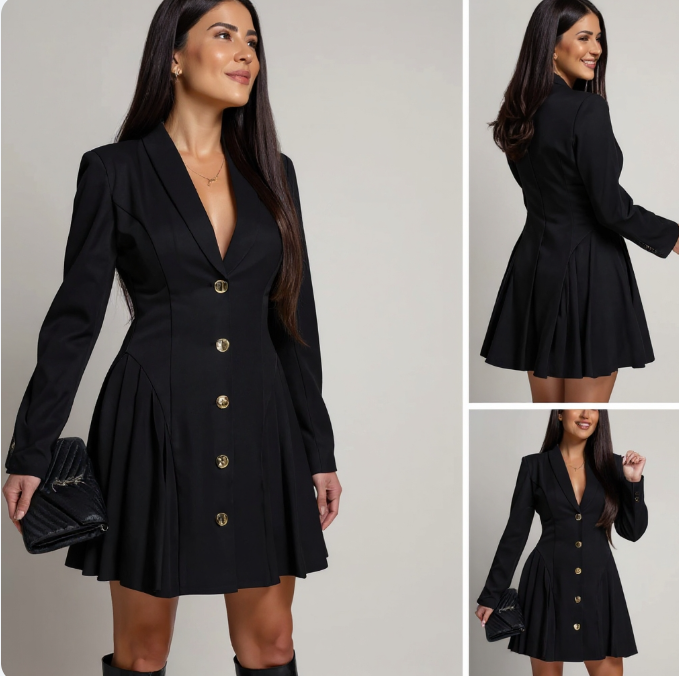 Robe Mini Femme Noire Style Blazer avec Boutons pour Tenue de Soirée
