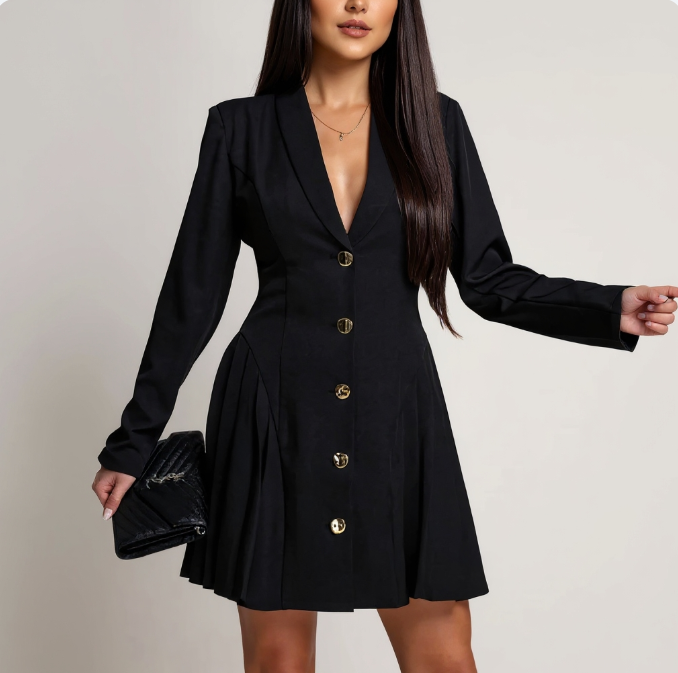 Robe Mini Femme Noire Style Blazer avec Boutons pour Tenue de Soirée