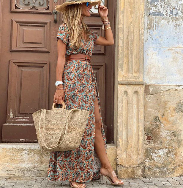 Summery Women's Bohemian Maxi Dress with Print and Short Sleeves