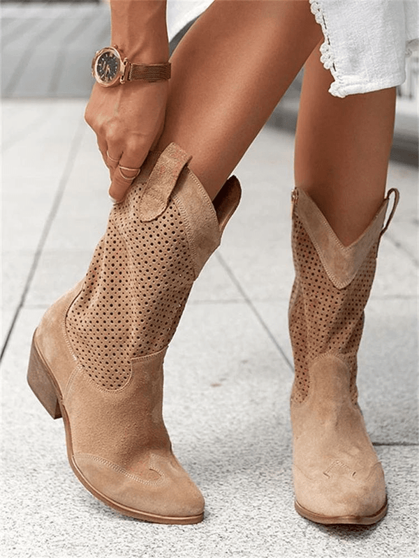 Stylish Suede Women's Cowboy Boots with Low Heel