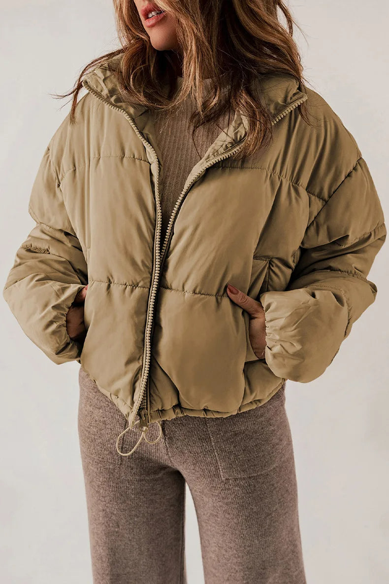 Trendy Gewatteerde Dames Puffer Jas met Rits en Hoge Kraag