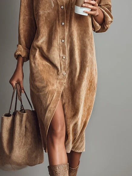Robe chemise en velours côtelé pour femmes élégante avec fermeture à boutons et poches