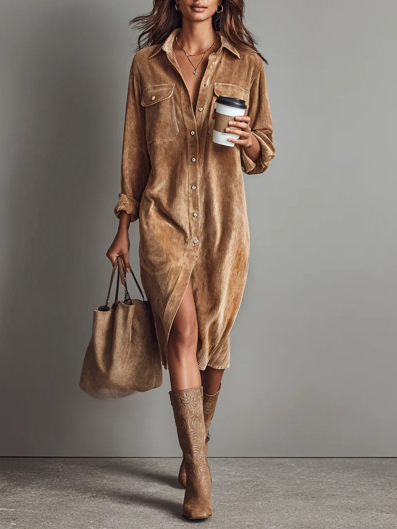 Robe chemise en velours côtelé pour femmes élégante avec fermeture à boutons et poches