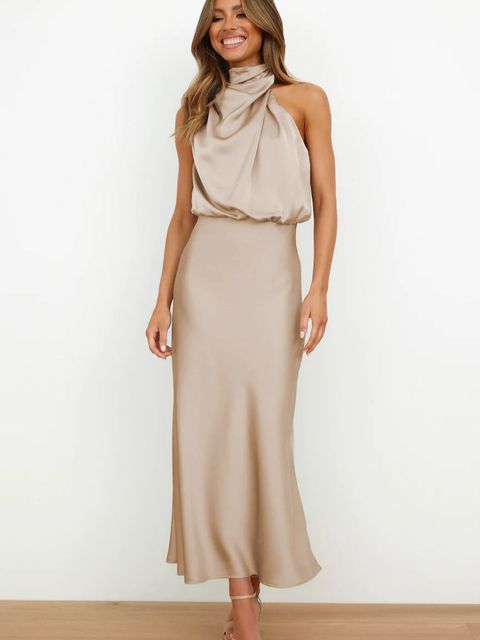 Robe midi de gala en satin de luxe avec col halter pour femmes