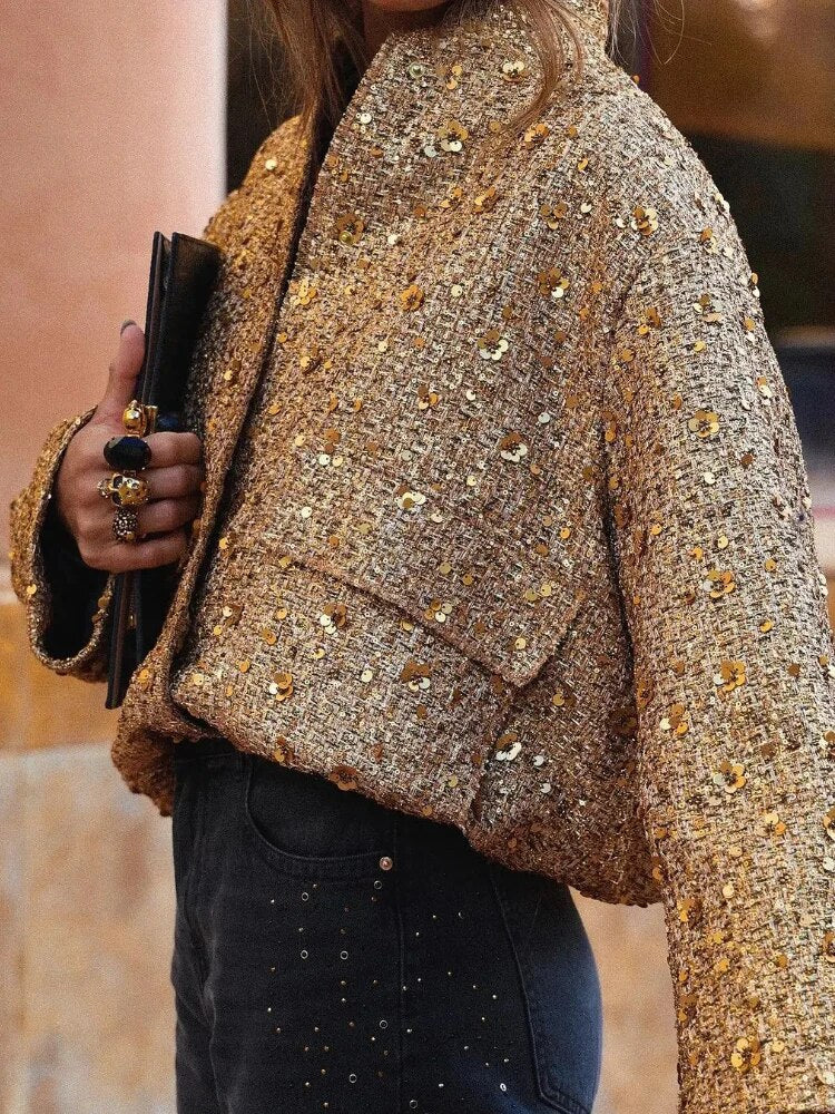 Golden Women's Glitter Bomber Jacket with Sparkling Sequins